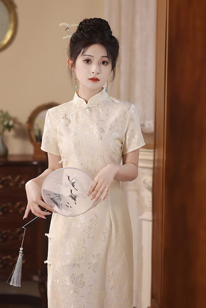 Beth and Brian Qipao-LSB Maple leaf pattern, beige midi Cheongsam