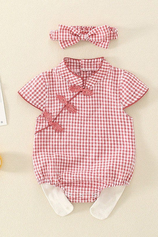Beth and Brian Qipao-LZ Chinese outfit for baby, plaid baby Tang Jumpsuit