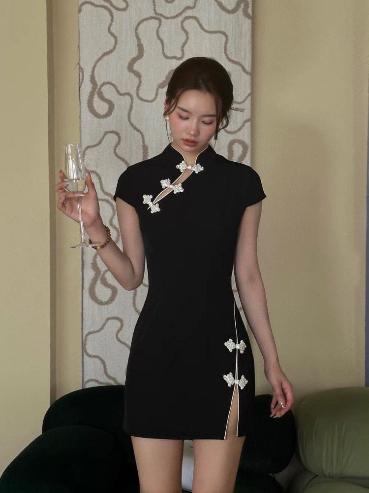Beth and Brian Qipao-JJ NewChinese style (新中式), plain black short Cheongsam with Asymmetric Front Closure