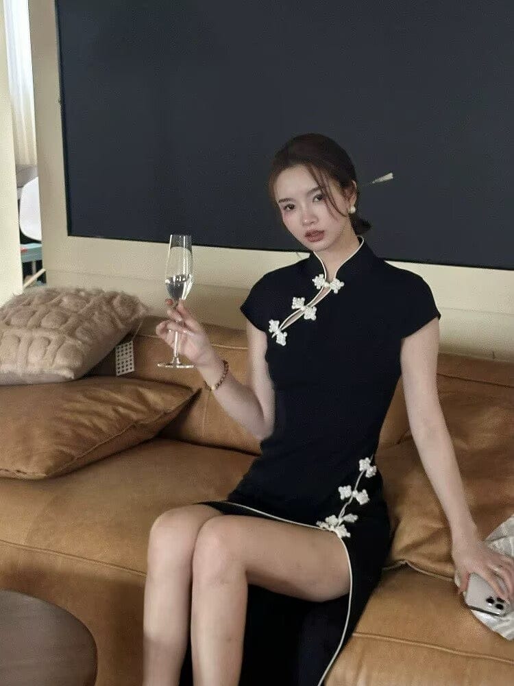 Beth and Brian Qipao-JJ Chinese retro style, black midi Cheongsam with Asymmetric Front Closure