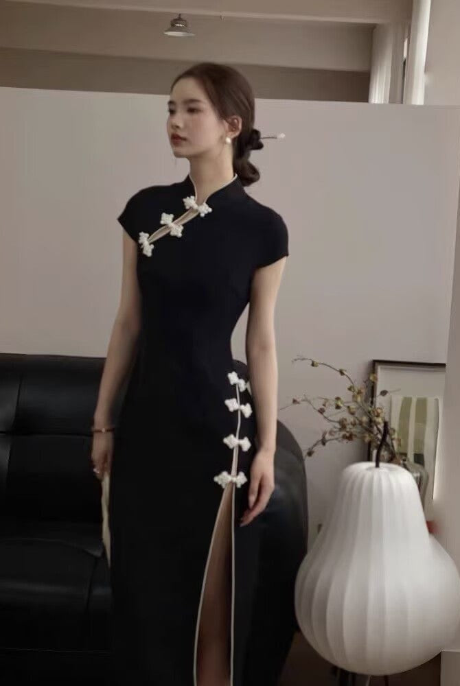 Beth and Brian Qipao-JJ Chinese retro style, black midi Cheongsam with Asymmetric Front Closure