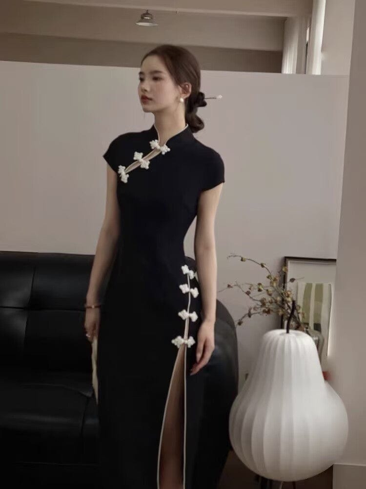 Beth and Brian Qipao-JJ Chinese retro style, black midi Cheongsam with Asymmetric Front Closure