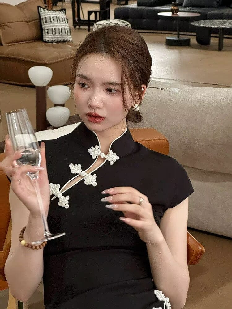 Beth and Brian Qipao-JJ Chinese retro style, black midi Cheongsam with Asymmetric Front Closure