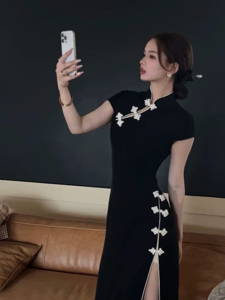 Beth and Brian Qipao-JJ Chinese retro style, black midi Cheongsam with Asymmetric Front Closure