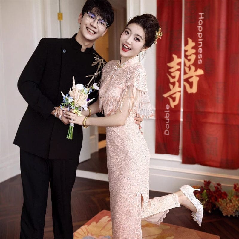 BethandBrianQipao-YX Floral pattern, pink long wedding Cheongsam with shawl set