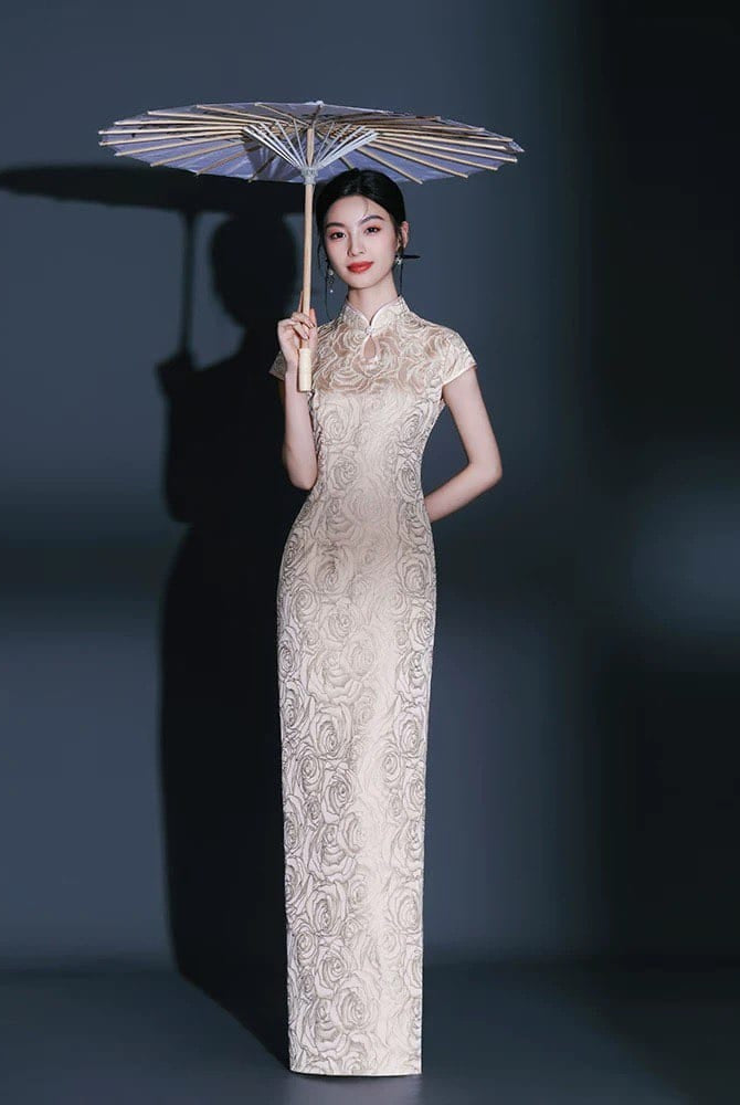 Beth and Brian Qipao-QFL Classical Cheongsam, jacquard satin fabric, long Cheongsam