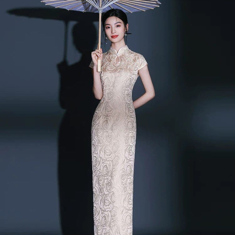 Beth and Brian Qipao-QFL Classical Cheongsam, jacquard satin fabric, long Cheongsam