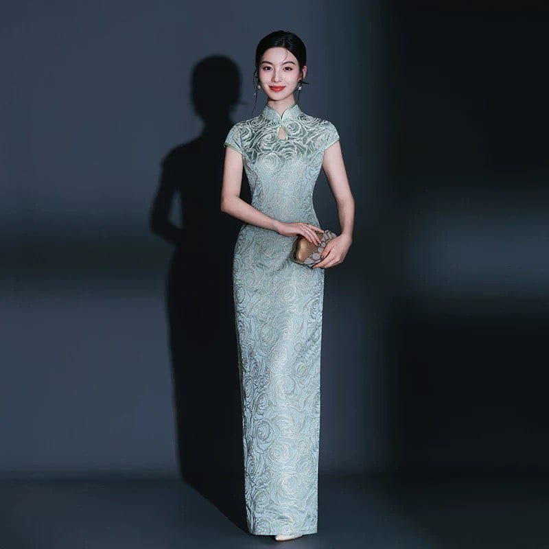 Beth and Brian Qipao-QFL Classical Cheongsam, jacquard satin fabric, long Cheongsam