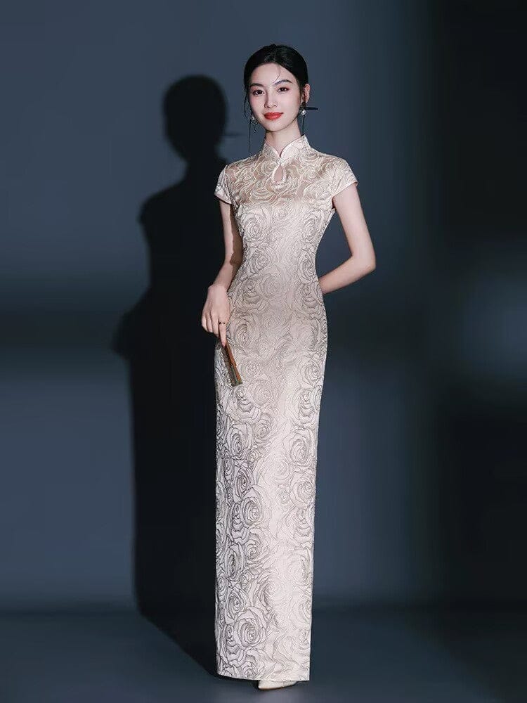 Beth and Brian Qipao-QFL Classical Cheongsam, jacquard satin fabric, long Cheongsam