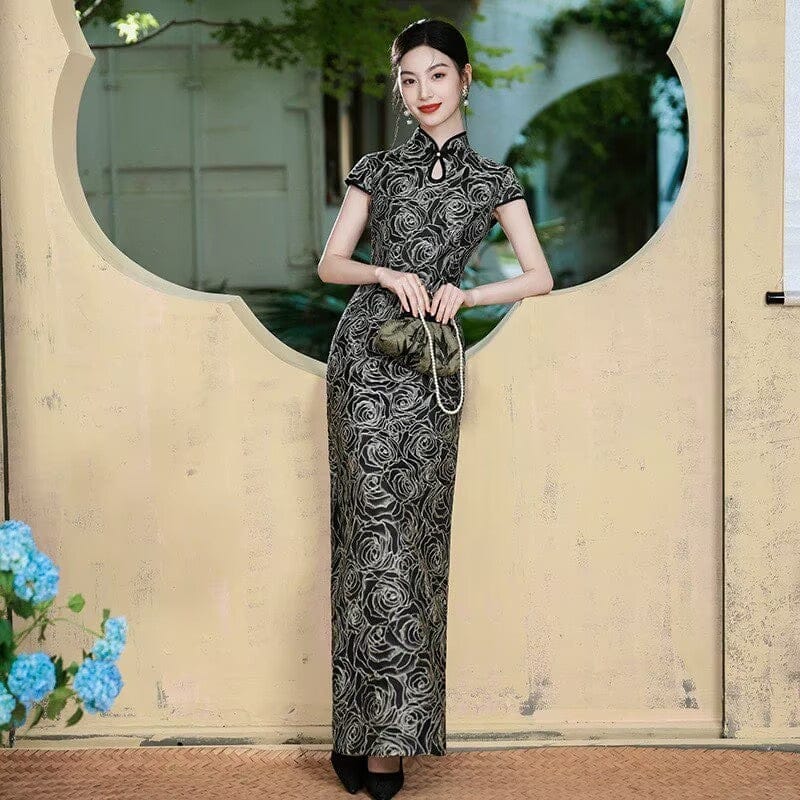 Beth and Brian Qipao-QFL Classical Cheongsam, jacquard satin fabric, long Cheongsam