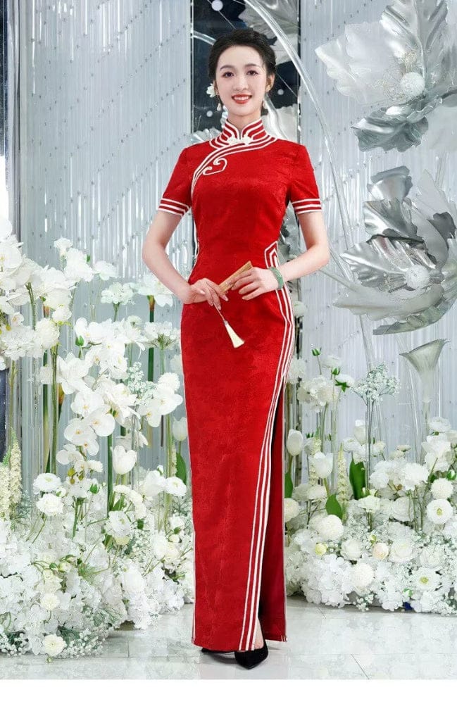 Beth and Brian Qipao-MLL Floral pattern, High-end red long Qipao for mothers