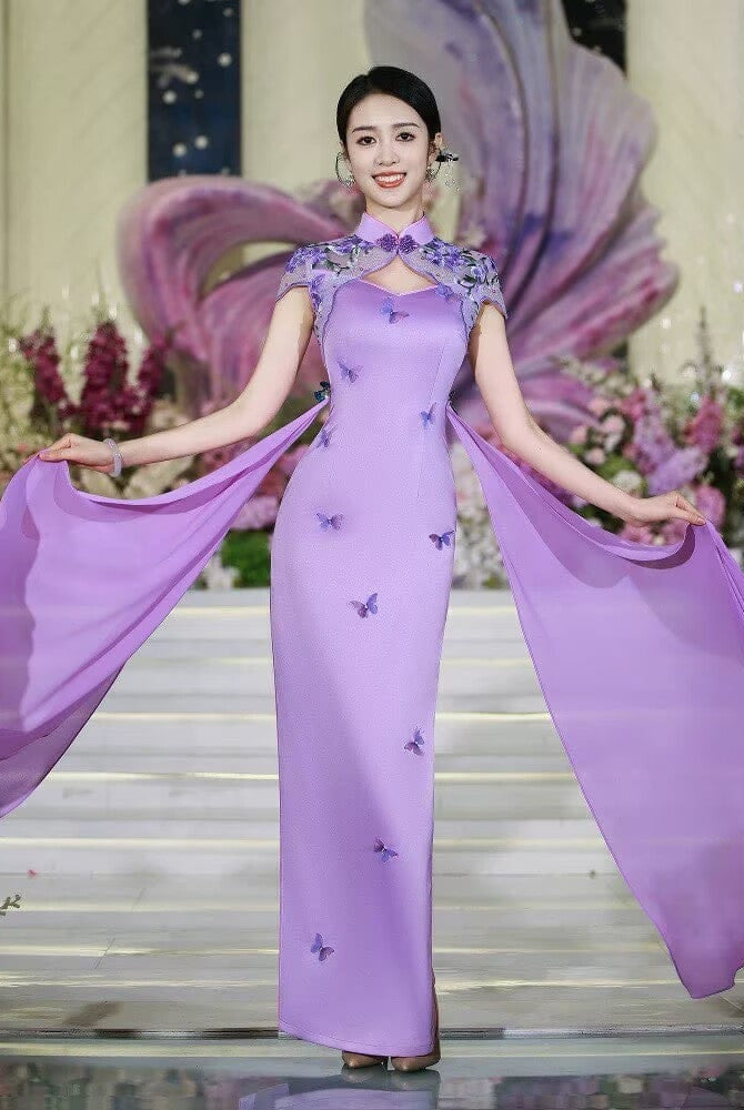 Beth and Brian Qipao-MLL Cap Sleeves, butterfly pattern, purple long Cheongsam for prom
