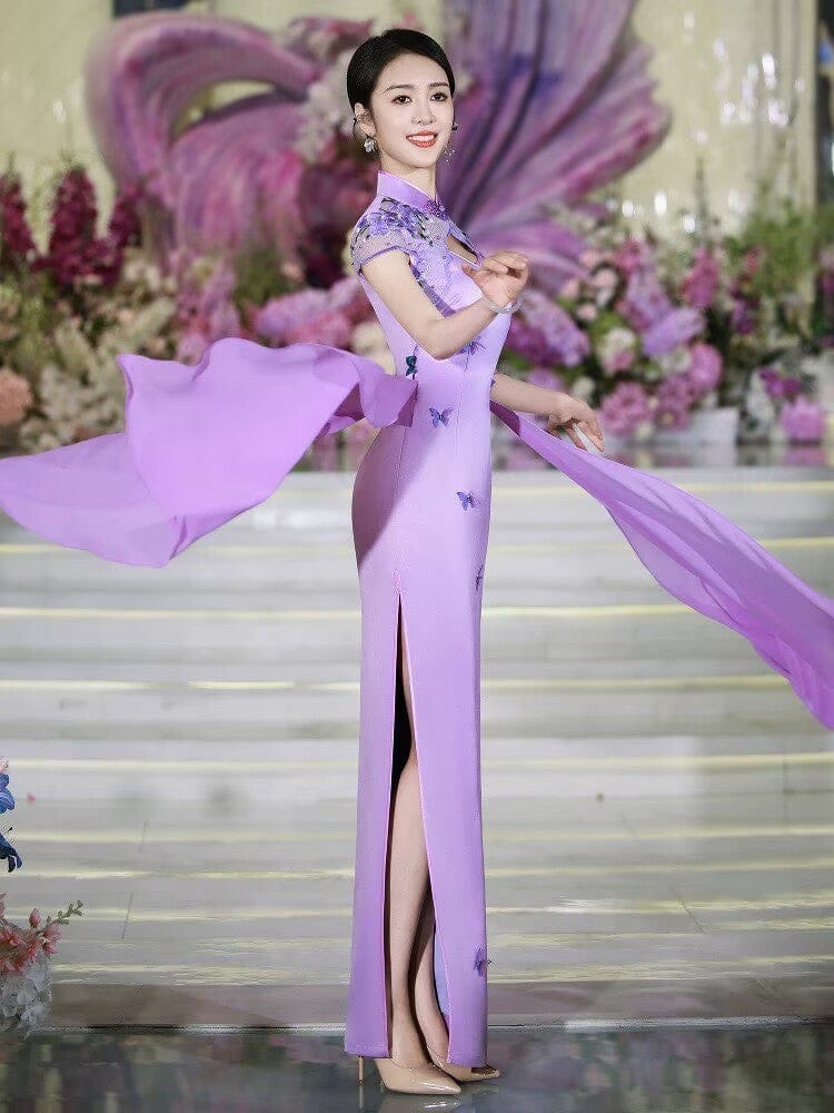 Beth and Brian Qipao-MLL Cap Sleeves, butterfly pattern, purple long Cheongsam for prom