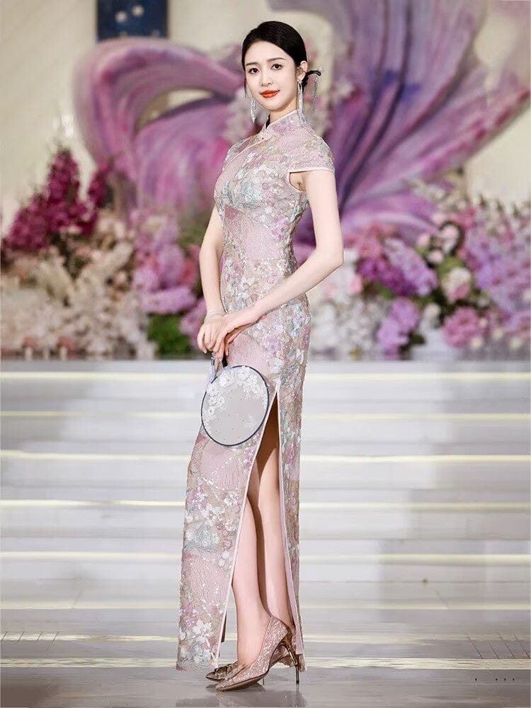 Beth and Brian Qipao-MLL Plus size, Floral pattern, wedding pink long Cheongsam