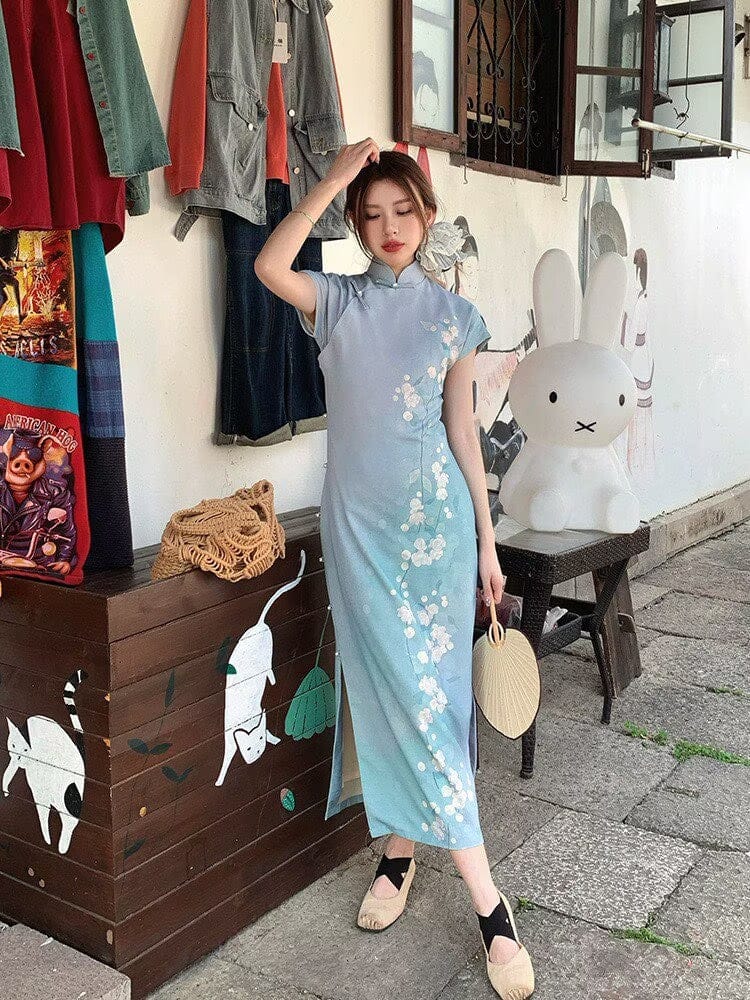Beth and Brian Qipao-LSB Tencel linen fabric, light blue long Cheongsam