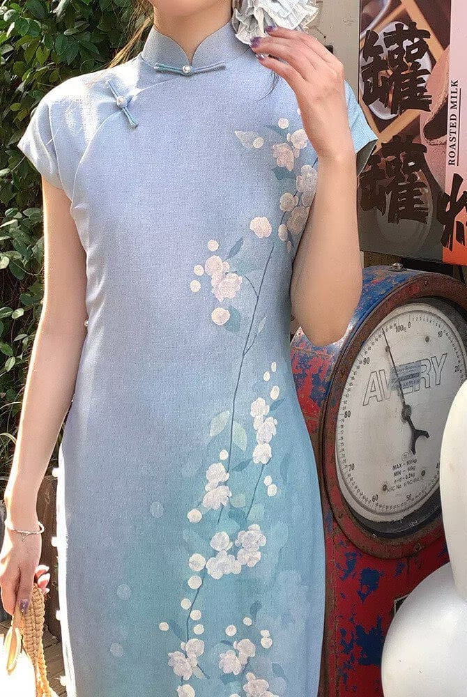 Beth and Brian Qipao-LSB Tencel linen fabric, light blue long Cheongsam