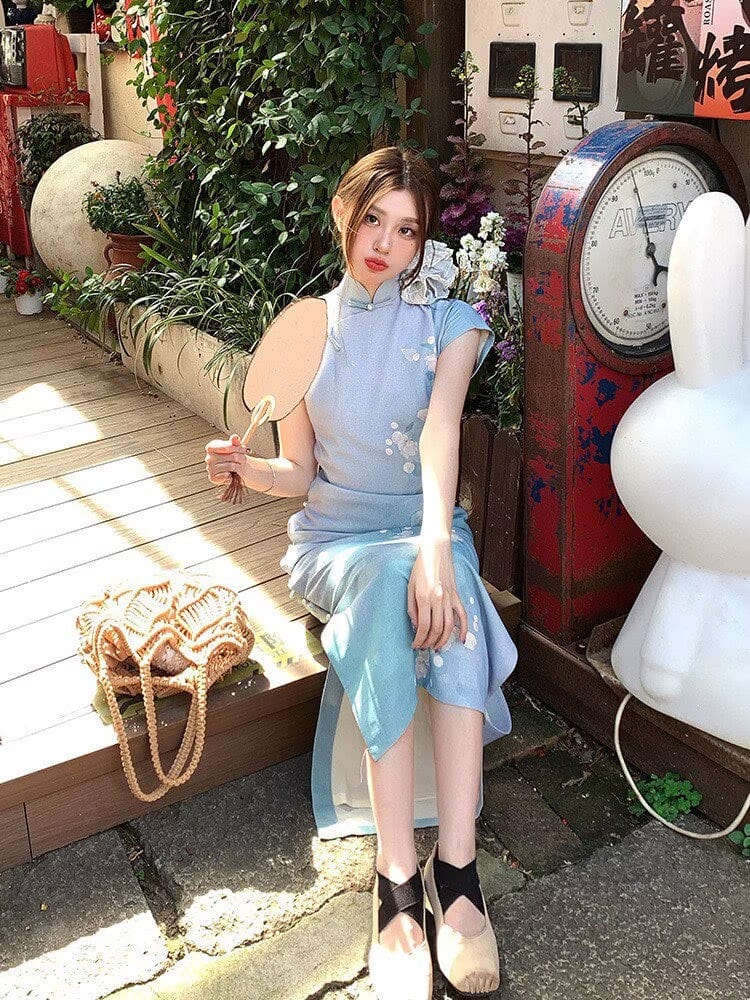 Beth and Brian Qipao-LSB Tencel linen fabric, light blue long Cheongsam
