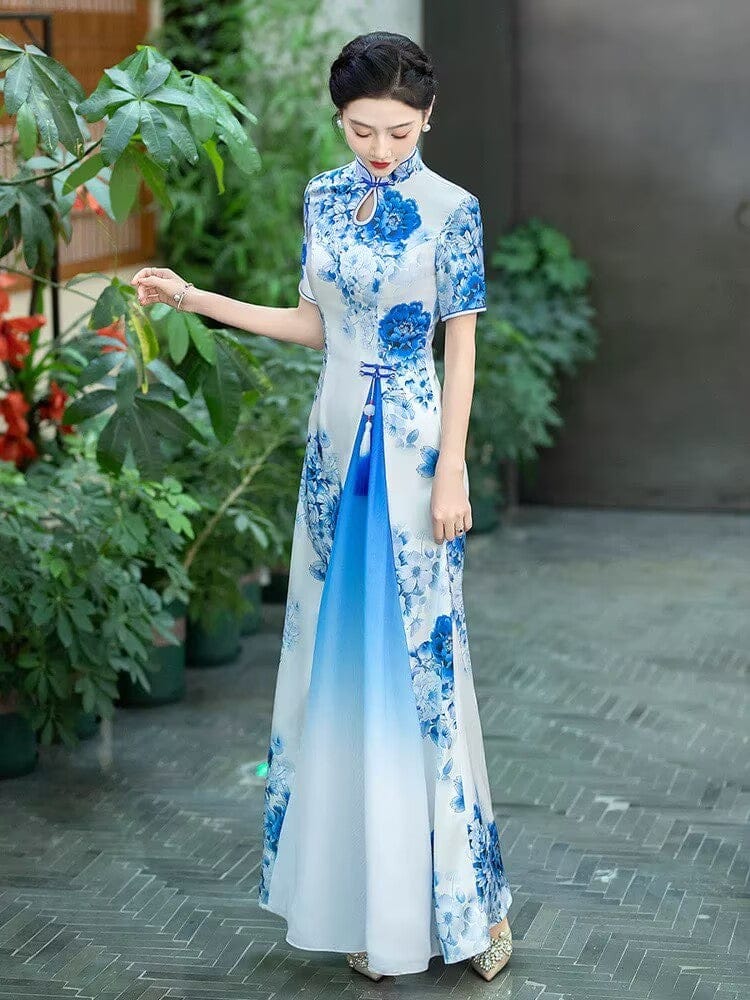 Beth and Brian Qipao-SS Blue and white porcelain pattens, water-drop collar, long Cheongsam