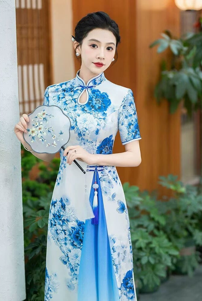 Beth and Brian Qipao-SS Blue and white porcelain pattens, water-drop collar, long Cheongsam