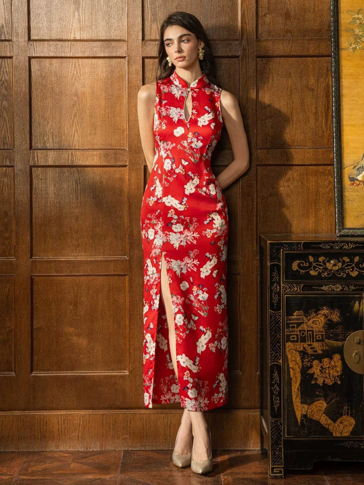 Beth and Brian Qipao-DL Butterfly pattern, Halter floral red long Cheongsam