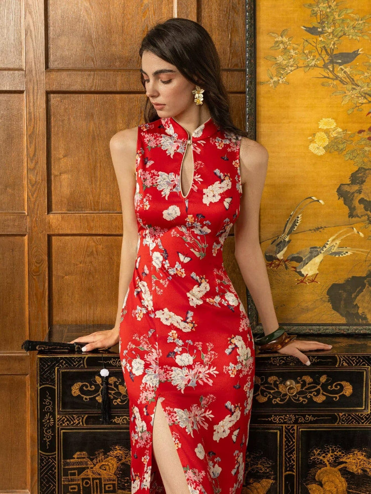Beth and Brian Qipao-DL Butterfly pattern, Halter floral red long Cheongsam