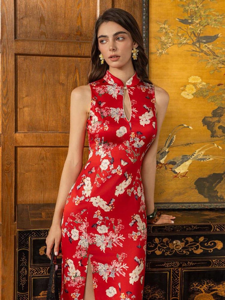 Beth and Brian Qipao-DL Butterfly pattern, Halter floral red long Cheongsam