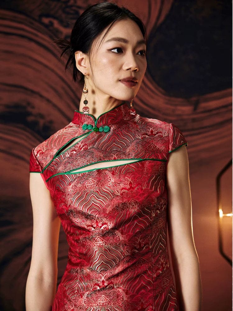 Beth and Brian Qipao - FL High-end, Red Brocade Mini Qipao With Frog Buttons & Contrast Piping