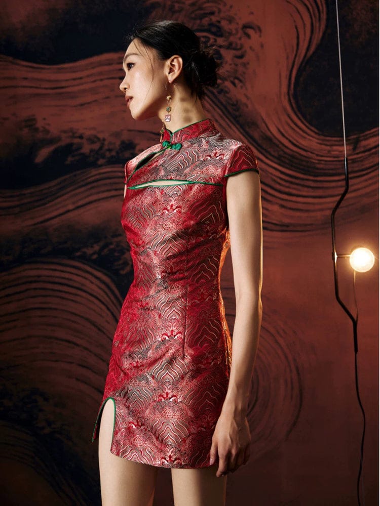 Beth and Brian Qipao - FL High-end, Red Brocade Mini Qipao With Frog Buttons & Contrast Piping