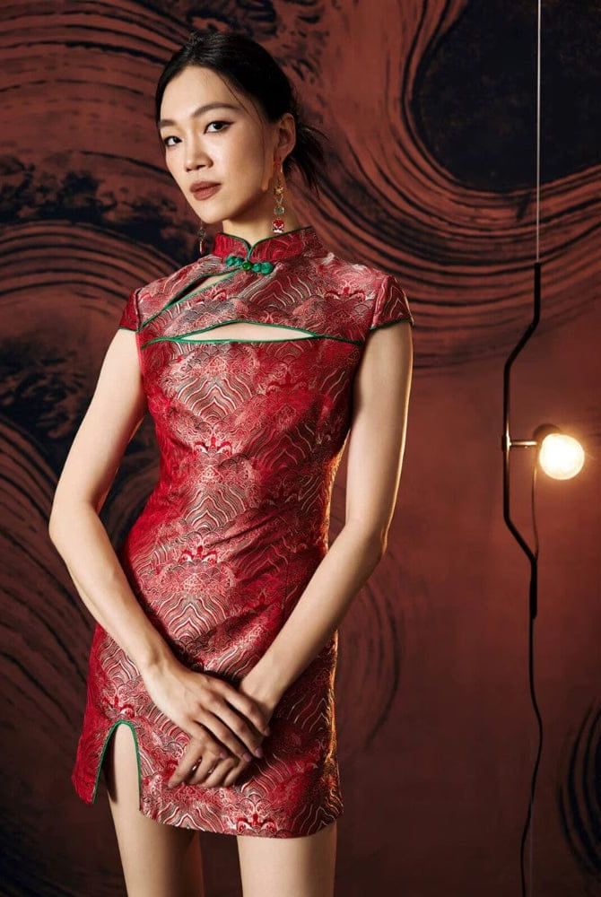 Beth and Brian Qipao - FL High-end, Red Brocade Mini Qipao With Frog Buttons & Contrast Piping