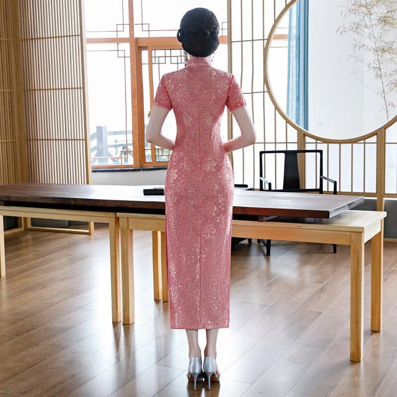 Beth and Brian Qipao-XWC Maple leaf pattern, lace pink long Cheongsam