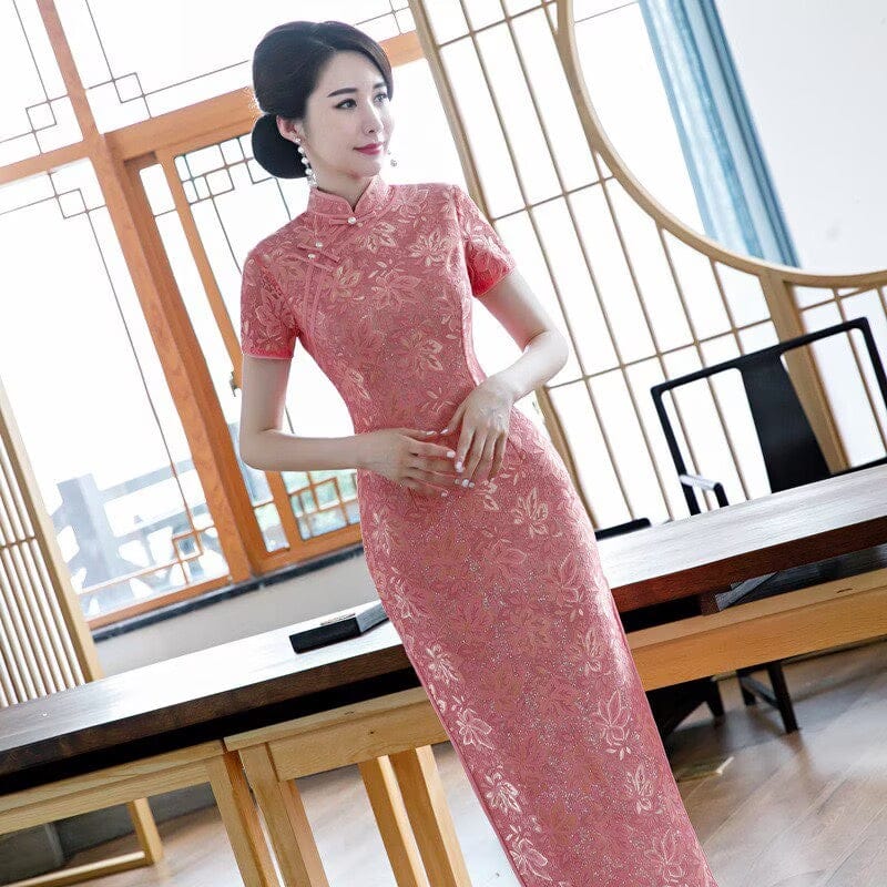 Beth and Brian Qipao-XWC Maple leaf pattern, lace pink long Cheongsam