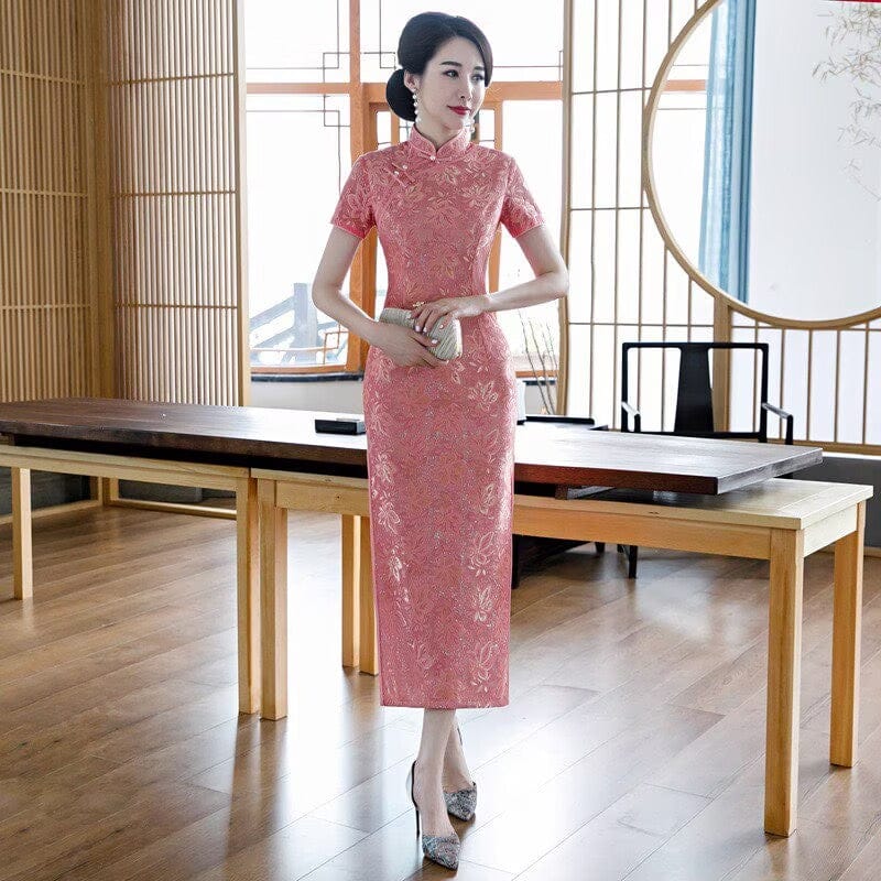 Beth and Brian Qipao-XWC Maple leaf pattern, lace pink long Cheongsam