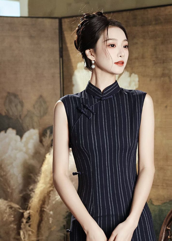 Beth and Brian Qipao-XWC Old Shanghai style, stripe pattern, blue midi Cheongsam