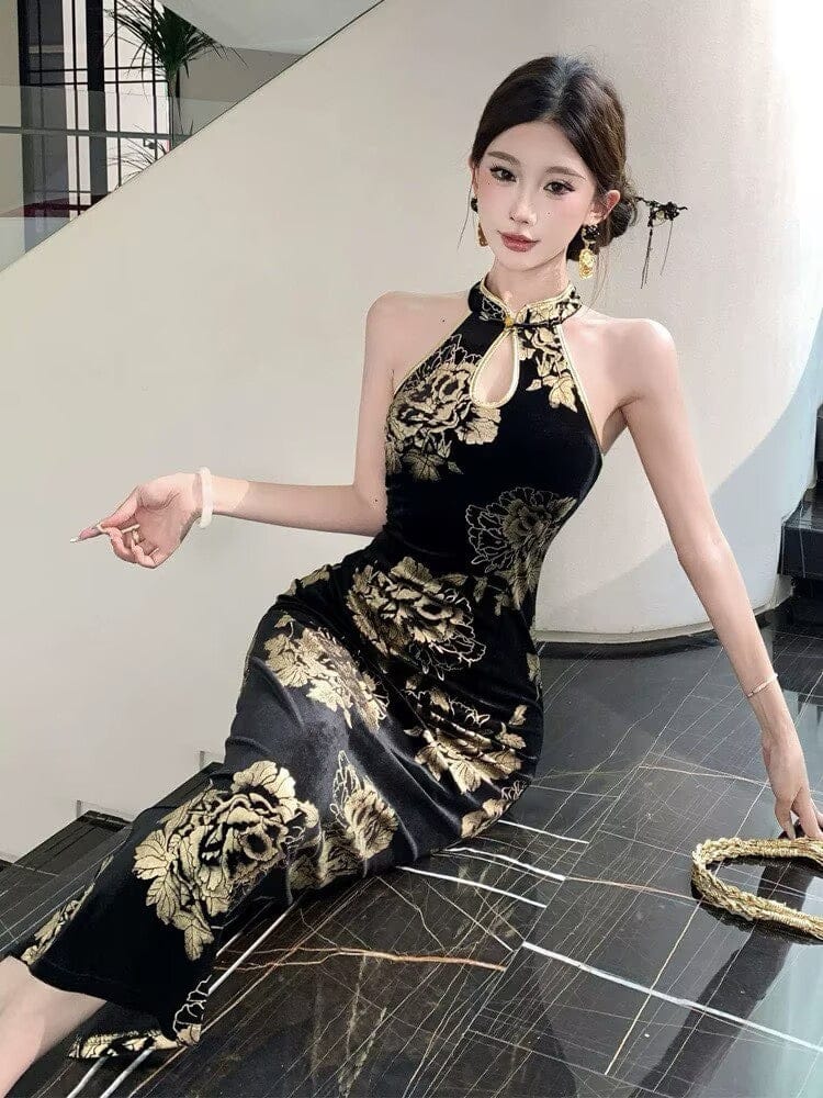 Beth and Brian Qipao-YS Gold and black halter long Cheongsam