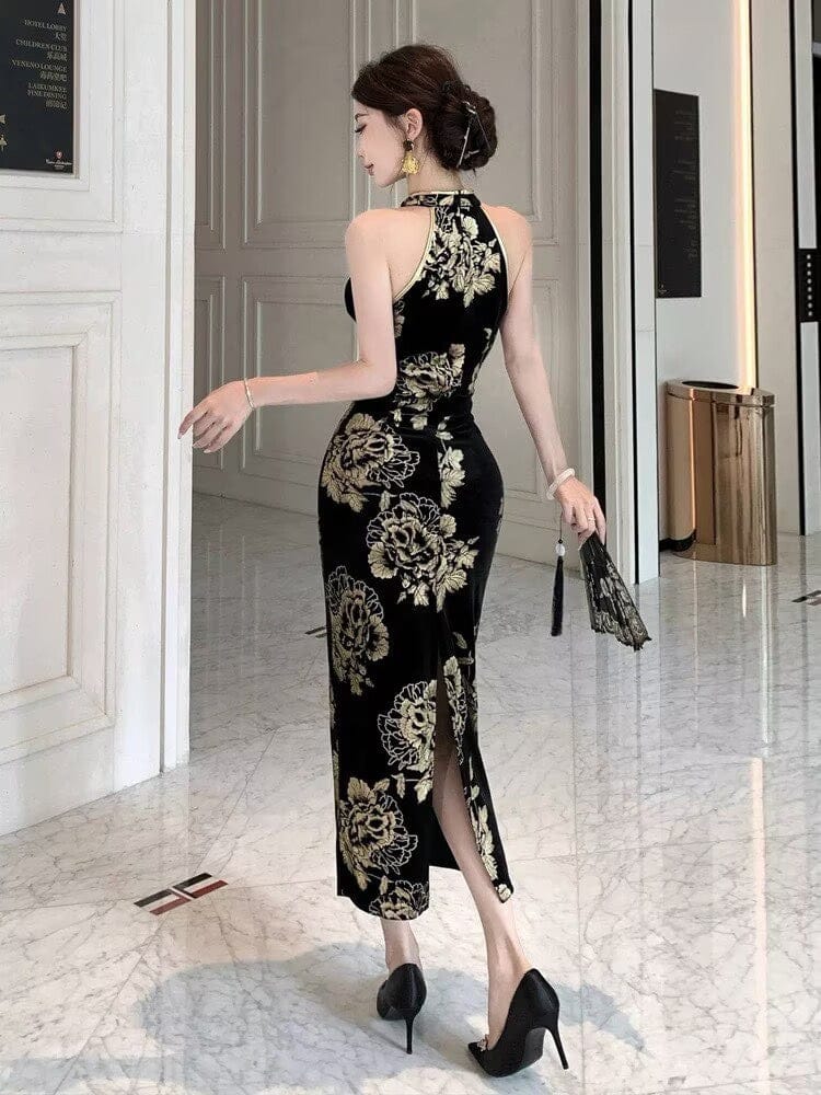 Beth and Brian Qipao-YS Gold and black halter long Cheongsam