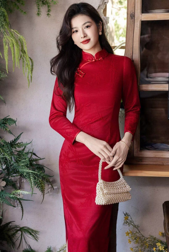Beth and Brian Qipao-YS Bamboo leaf pattern, velvet red&beige midi Cheongsam