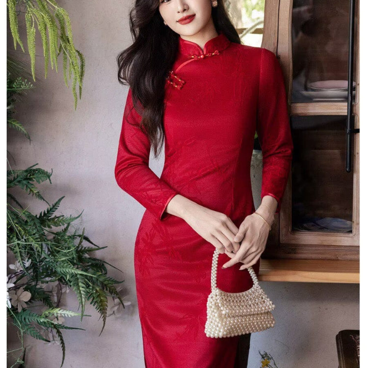 Beth and Brian Qipao-YS Bamboo leaf pattern, velvet red&beige midi Cheongsam