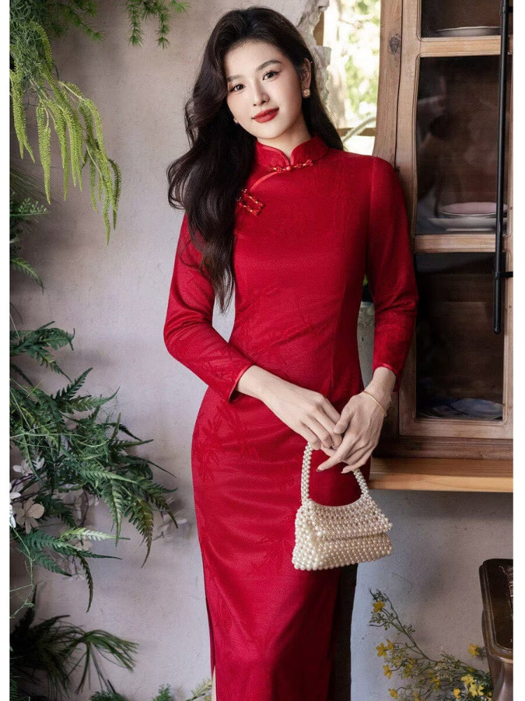 Beth and Brian Qipao-YS Bamboo leaf pattern, velvet red&beige midi Cheongsam