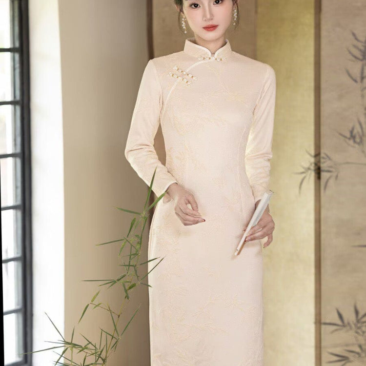 Beth and Brian Qipao-YS Bamboo leaf pattern, velvet red&beige midi Cheongsam