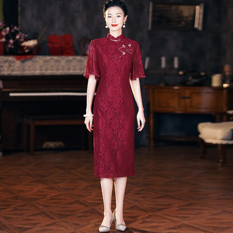 Beth and Brian Qipao-QZYF Floral pattern, high-end, red&pink midi Cheongsam for mothers