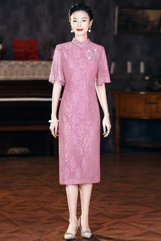 Beth and Brian Qipao-QZYF Floral pattern, high-end, red&pink midi Cheongsam for mothers