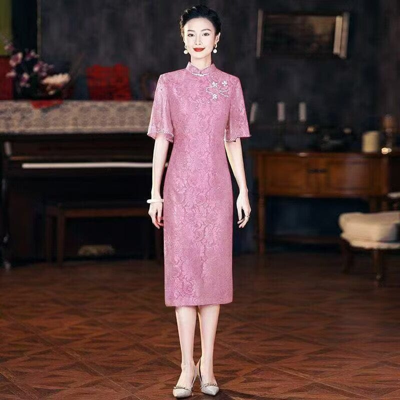 Beth and Brian Qipao-QZYF Floral pattern, high-end, red&pink midi Cheongsam for mothers