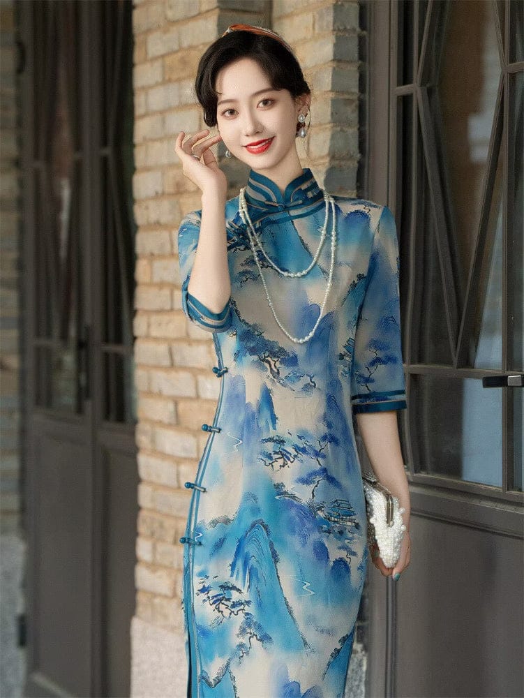 Beth and Brian Qipao-HQ Thousand Miles of Mountains and Rivers pattern, plus size blue long Cheongsam