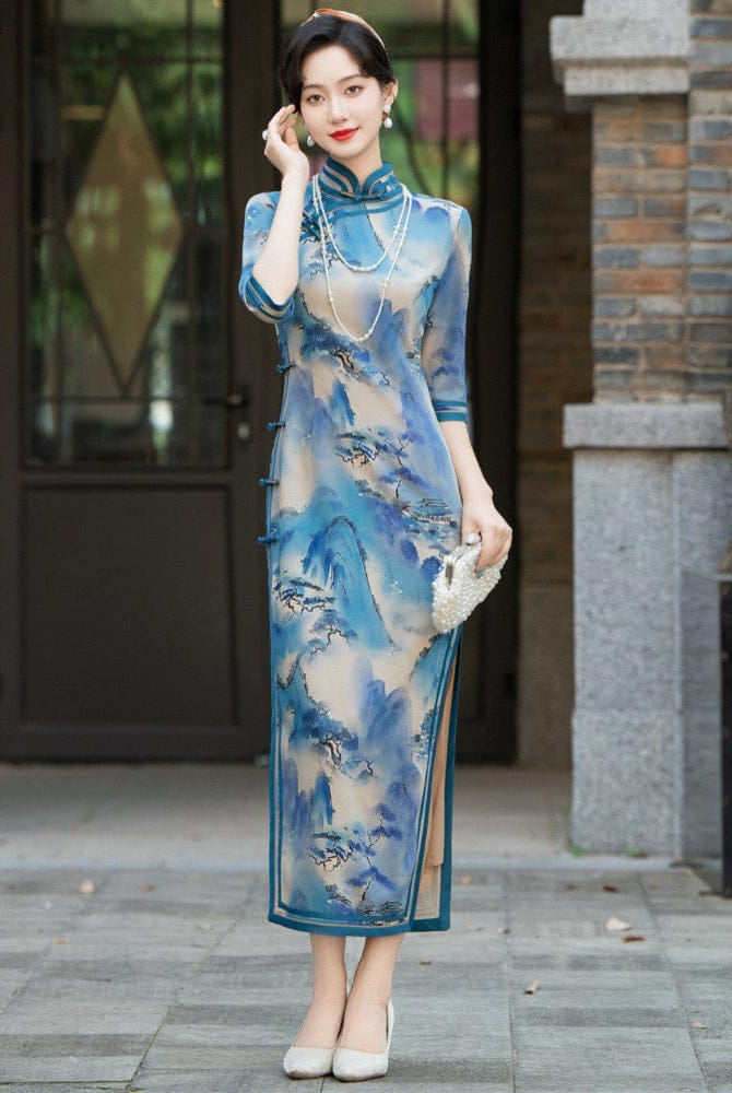 Beth and Brian Qipao-HQ Thousand Miles of Mountains and Rivers pattern, plus size blue long Cheongsam