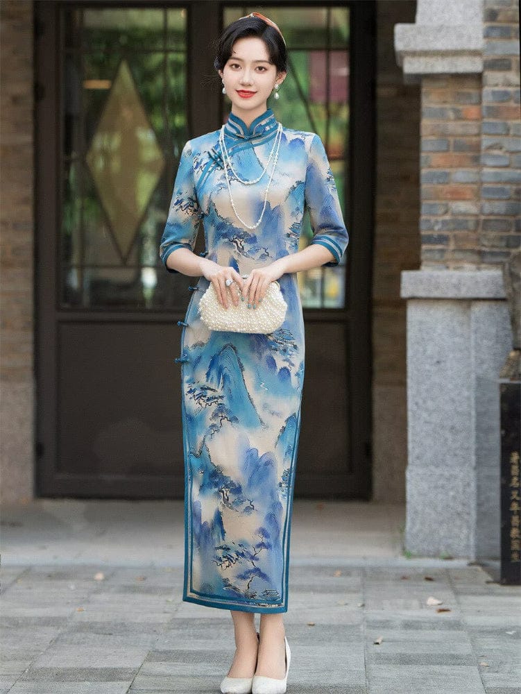 Beth and Brian Qipao-HQ Thousand Miles of Mountains and Rivers pattern, plus size blue long Cheongsam