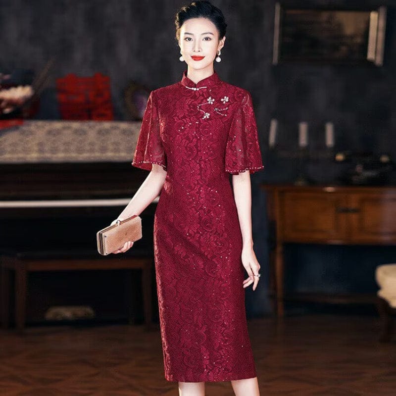 Beth and Brian Qipao-QZYF Floral pattern, high-end, red&pink midi Cheongsam for mothers