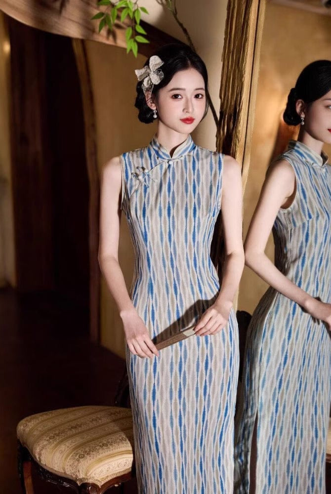 Beth and Brian Qipao-JLM Old Shanghai style, stripe pattern, blue midi Cheongsam