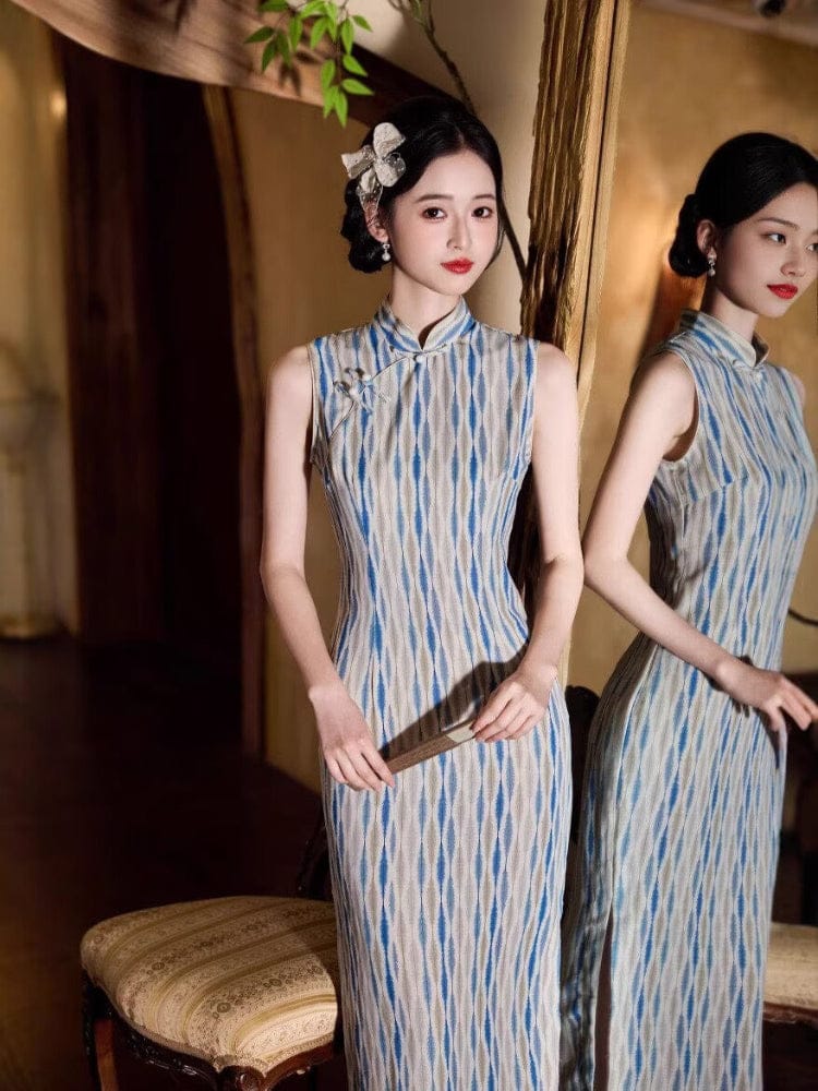 Beth and Brian Qipao-JLM Old Shanghai style, stripe pattern, blue midi Cheongsam