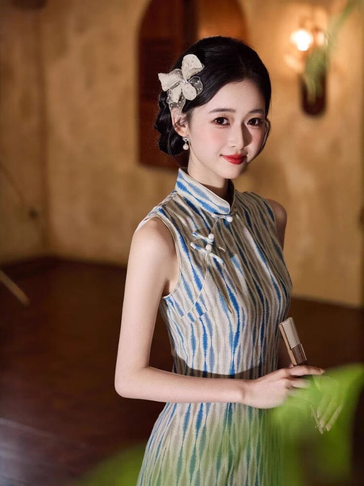 Beth and Brian Qipao-JLM Old Shanghai style, stripe pattern, blue midi Cheongsam