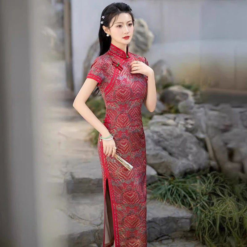 Beth and Brian Qipao-SMQ Auspicious Cloud Pattern, silk long Cheongsam